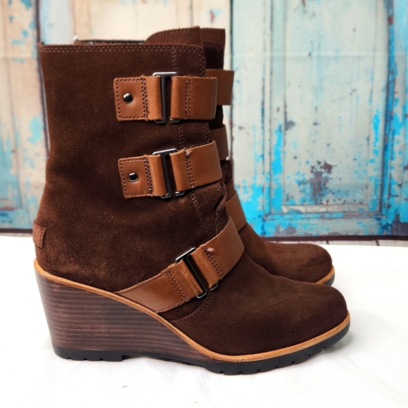 Sorel After Hours Suede Wedge Booties Brown Ankle Leather Straps - Picture 2 of 8